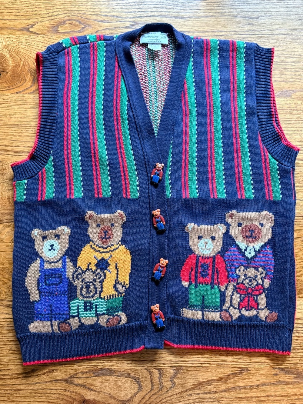 Vintage Teddy Bear Woven Vest - Navy, Green & Red- Made in USA- teacher